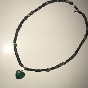 Black wooden beads and green heart necklace
